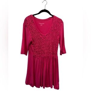 Soft Surroundings Smocked Tunic Top Size M Pink Ruched Knit 3/4 Sleeve